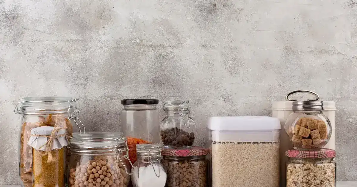 Scorte alimentari di emergenza: conserve, cereali e alimenti non deperibili organizzati in dispensa