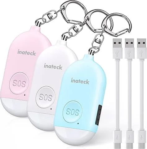 Inateck Allarme Personale Ricaricabile Promemoria di batteria Scarica Portachiavi di Autodifesa con Illuminazione LED per Donne, Uomini, bambini e Anziani, 130 db, Confezione da 3, PA1001