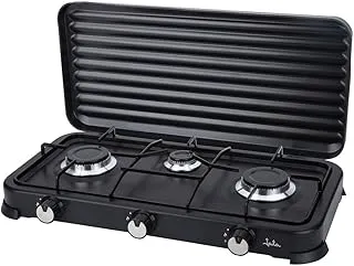 Jata JECG2703 Cucina a Gas portatile a 3 fuochi con griglia, Adatta per butano e propano, Coperchio protettivo estraibile, Ideale per campeggio, Occupa poco spazio