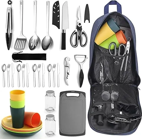 Berglander Set di Utensili da Cucina per Campeggio con Set di Posate e Piatto, Tazze stoviglie, Campeggio Accessori Camper, Utensili da Cucina per Campeggio, per Picnic, Barbecue e Campeggio